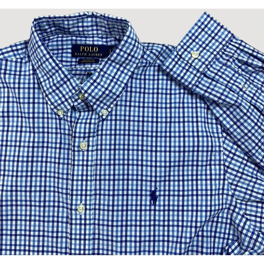 Polo Ralph Lauren‎ Shirt Mens L Blue Gingham Classic Fit Performance Stretch
